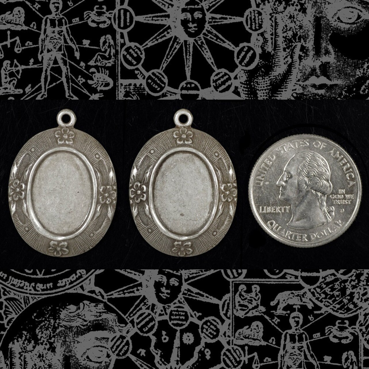 Feminine Floral Antiqued Silver Plated Brass Cameo Frames for 13mm x 18mm - Set of Two - S-F34